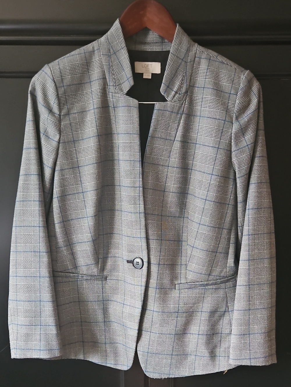 LOFT Gray Plaid Blazer with Subtle Blue Windowpane